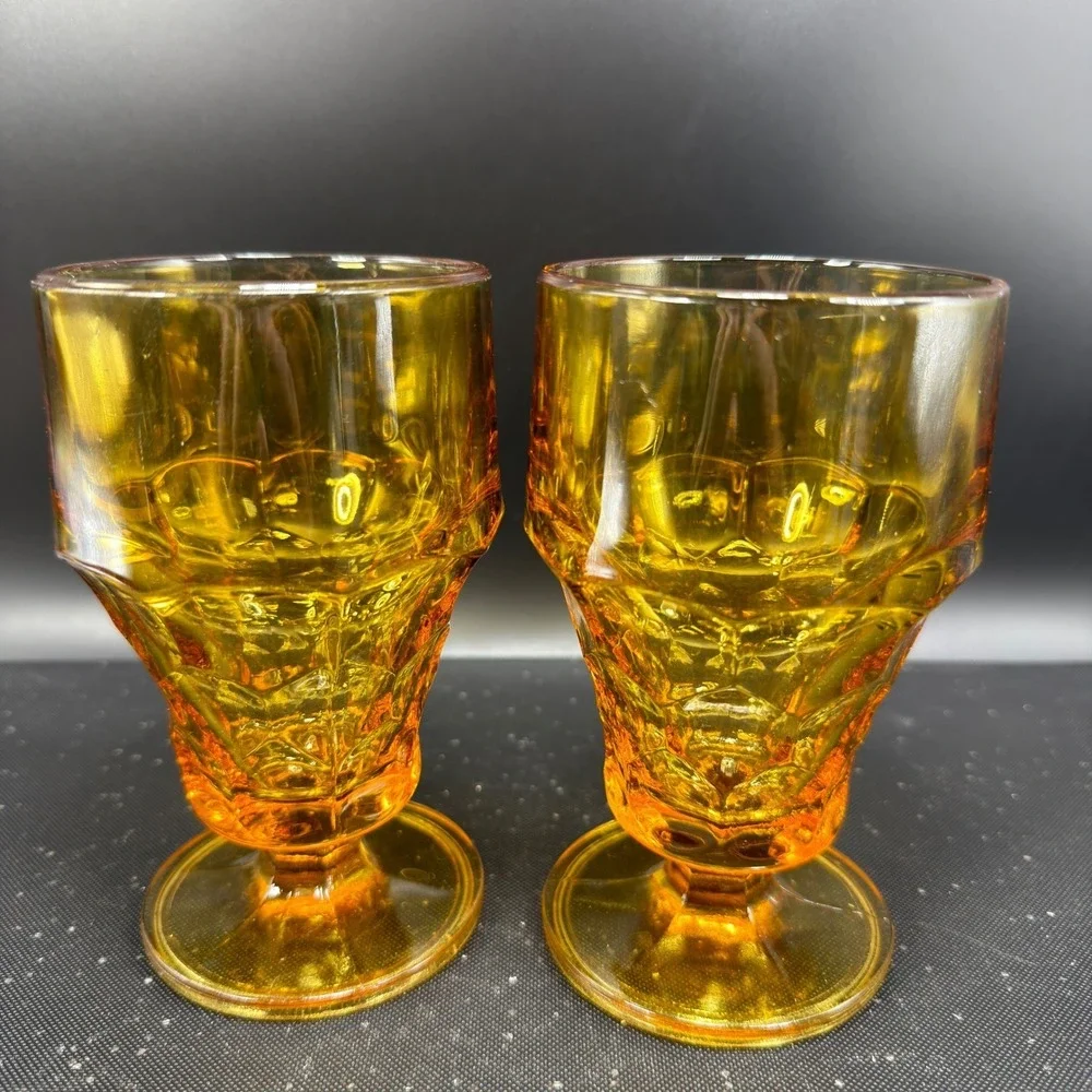 Anchor Hocking Georgian Amber Glass Goblets Thumbprint Whitehall Footed Set of 2